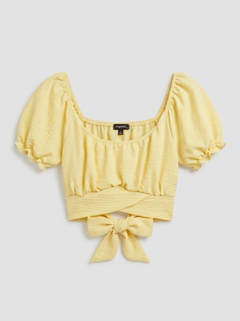 Pale Yellow Puff-Sleeve Tie-Back Crop Top